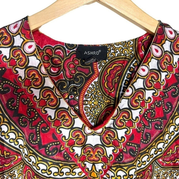 Ashro 1990’s one size red black yellow Hippie‎ boho maxi v-neck caftan dress - Picture 2 of 7